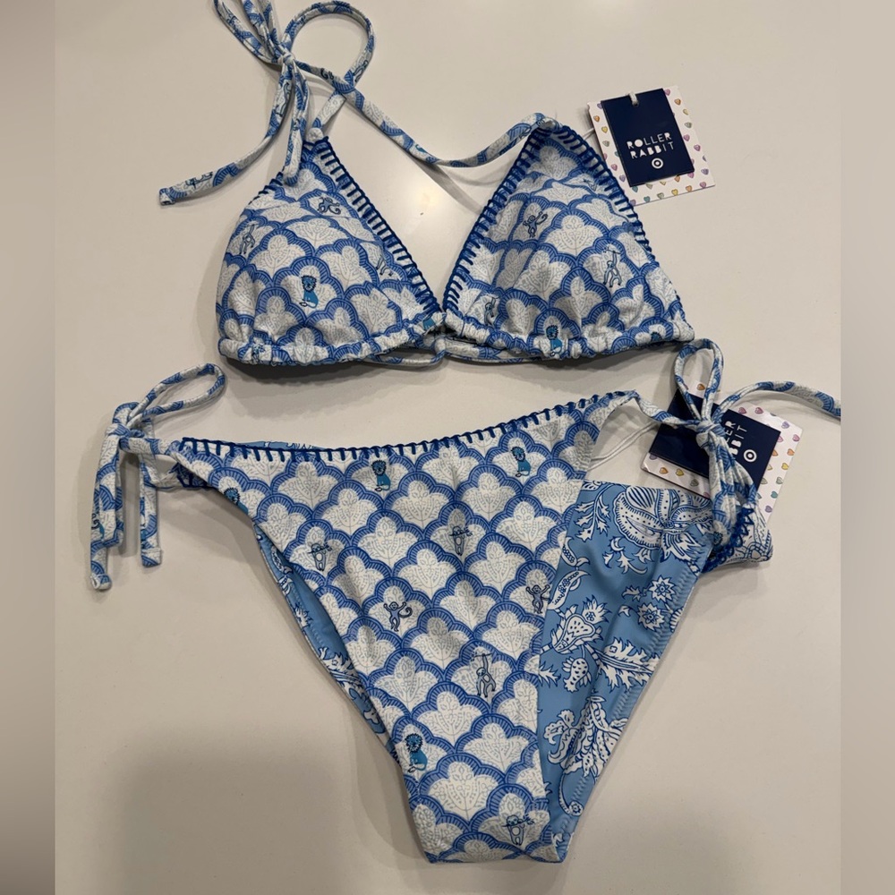 Roller Rabbit Blue & White Patterned Triangle Bikini Set